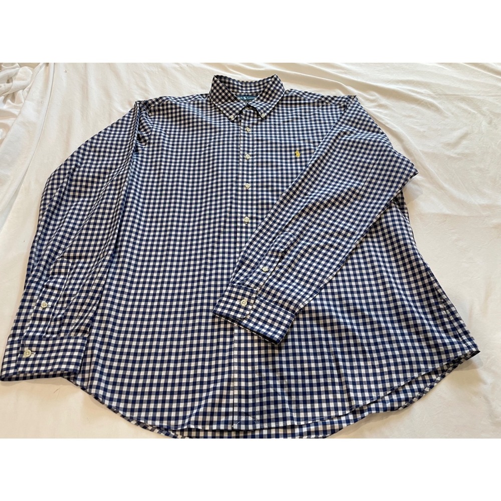 Polo Ralph Lauren Mens XL Custom Fit Gingham Shirt Navy Blue White Long Sleeve